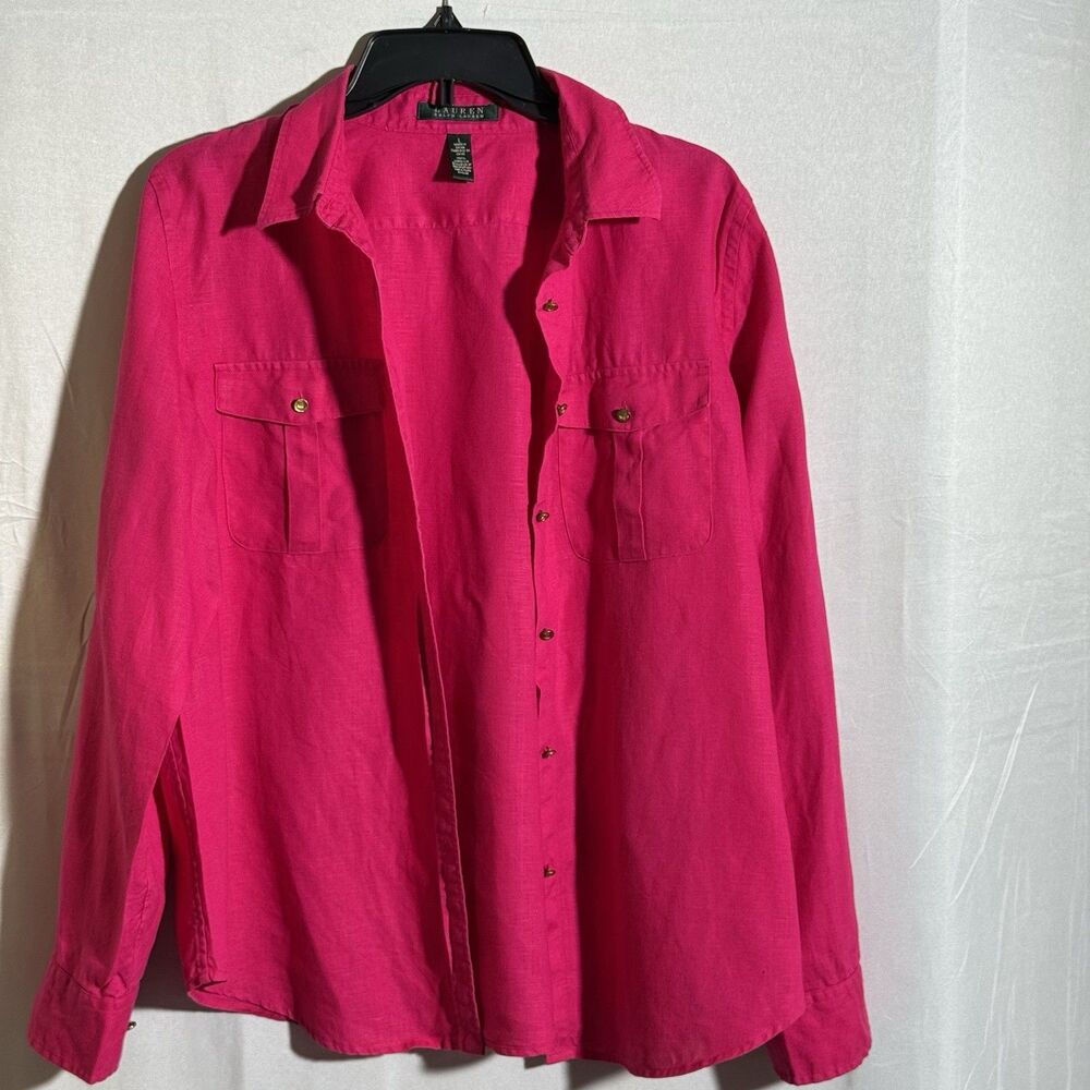 Lauren Ralph Lauren 100% Linen Pink Shirt Women's Large Gold Buttons Casual - Picture 9 of 9